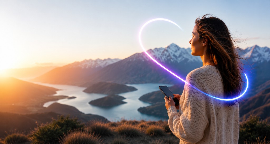 Woman using phone in the mountains